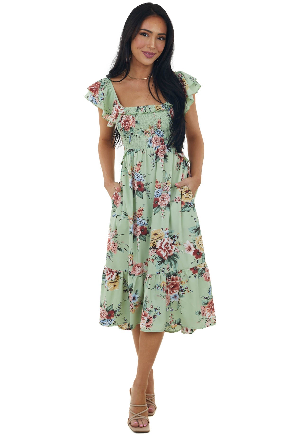 Seafoam Floral Printed Ruffle Sleeve Midi Dress