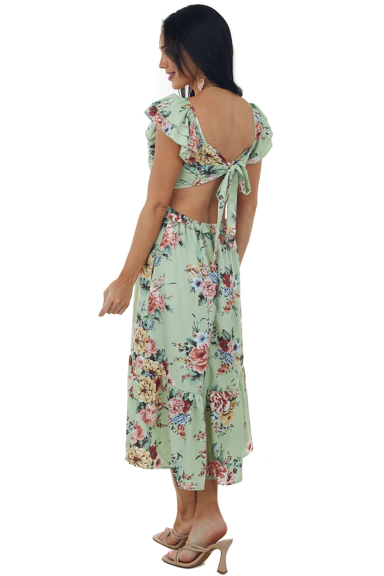 Seafoam Floral Printed Ruffle Sleeve Midi Dress
