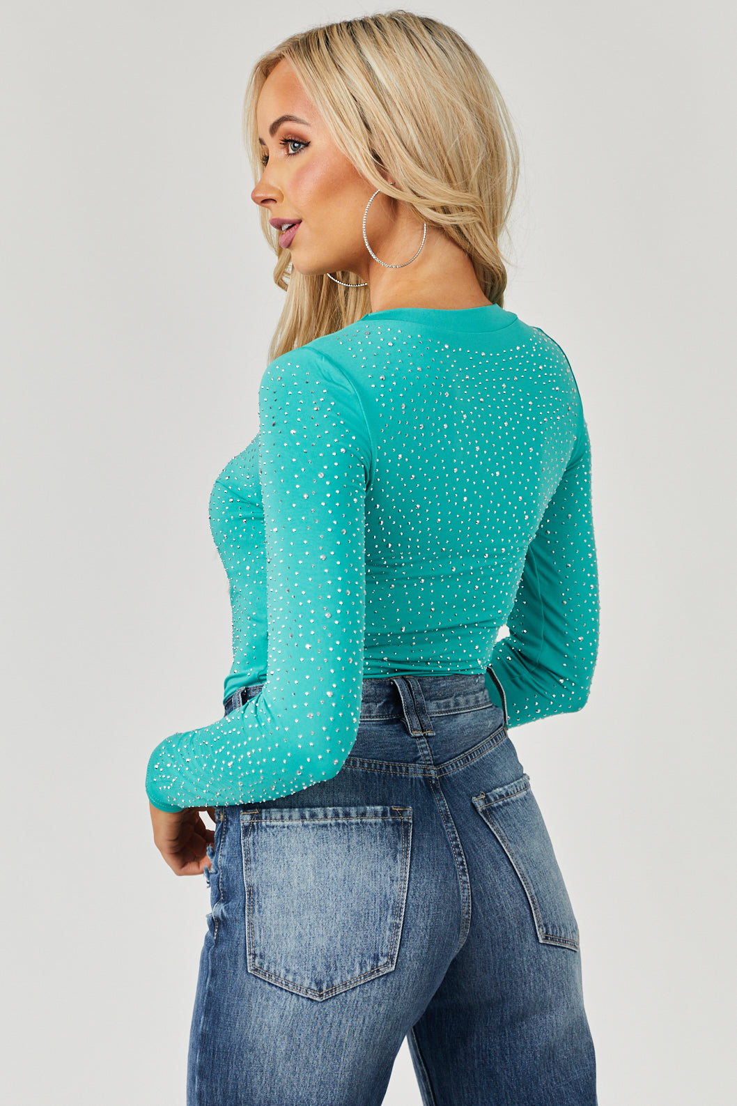 Seafoam Rhinestone Studded Long Sleeve Bodysuit