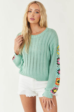 Seafoam Ribbed Sweater with Crochet Sleeves