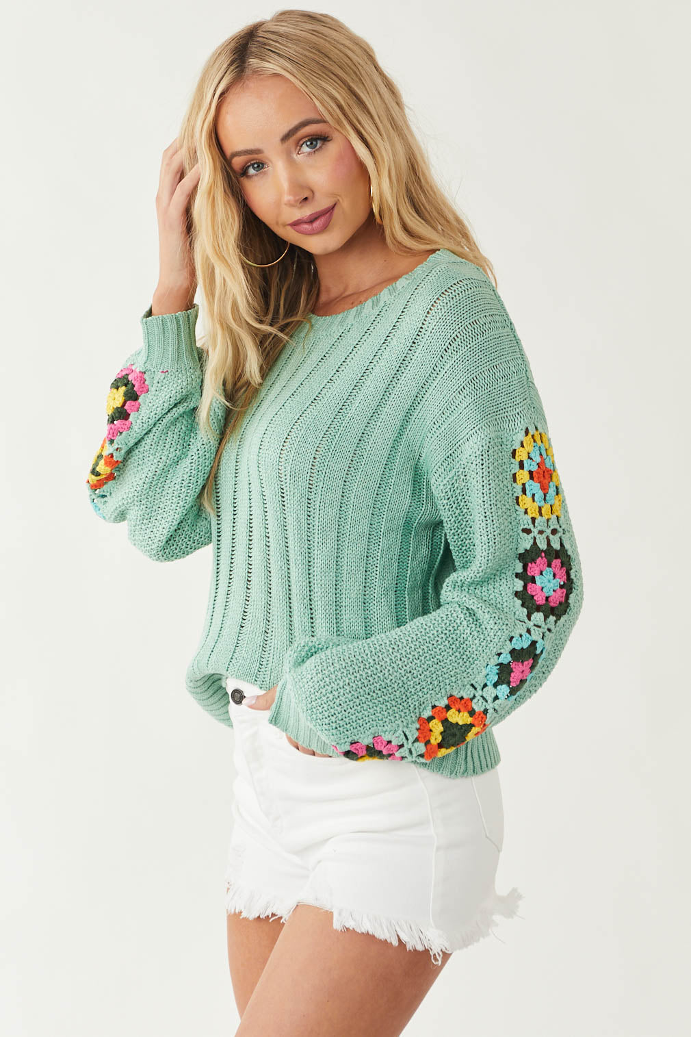 Seafoam Ribbed Sweater with Crochet Sleeves