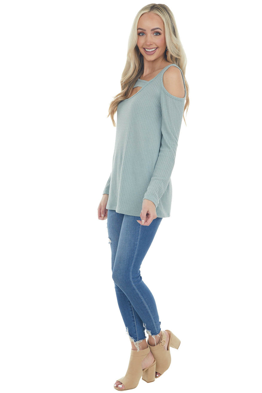 Seafoam Single Cold Shoulder Waffle Knit Top with Cut Out