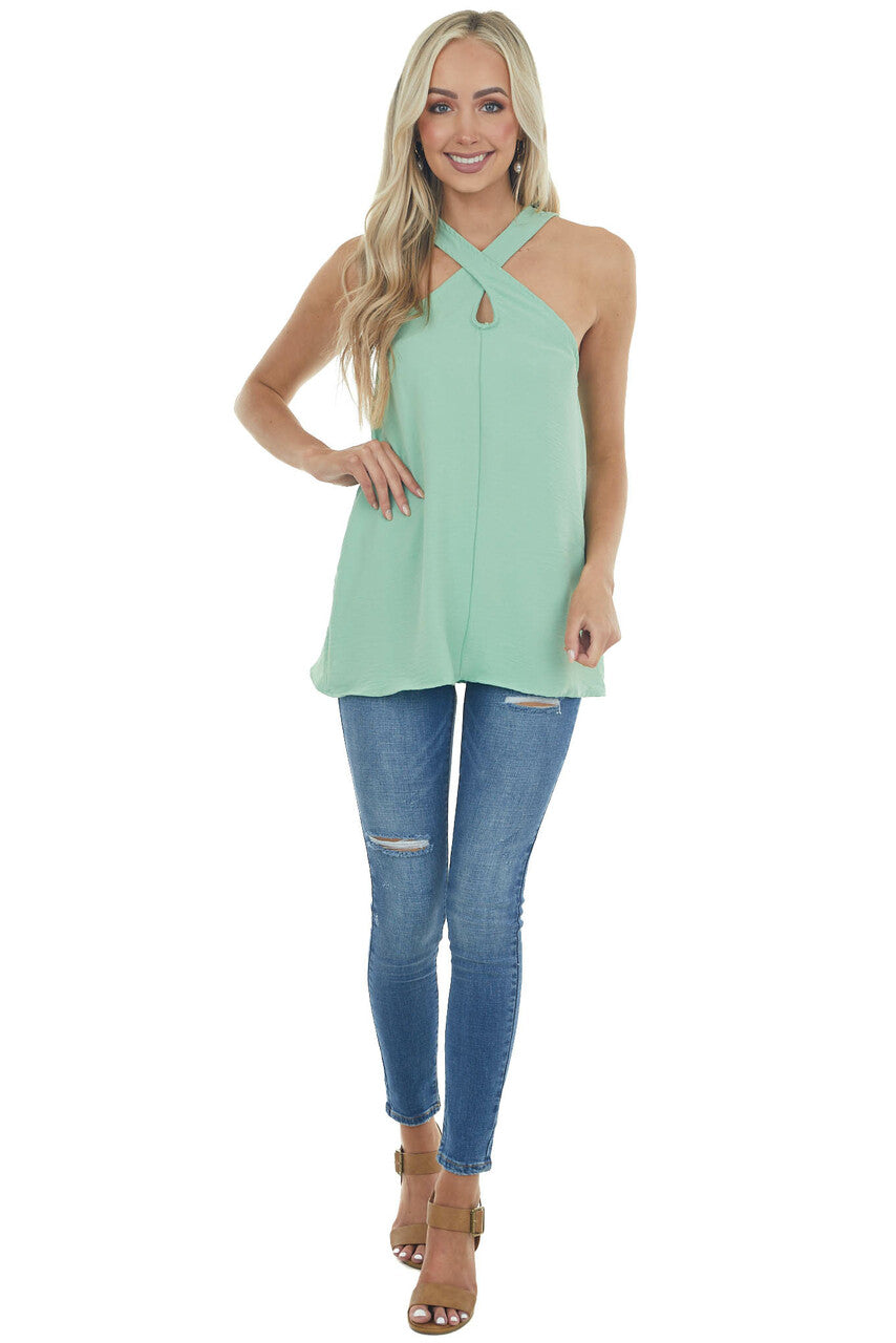 Seafoam Sleeveless Criss Cross Halter Neckline Woven Top