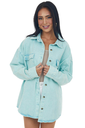 Seafoam Washed Button Up Denim Shirt Jacket