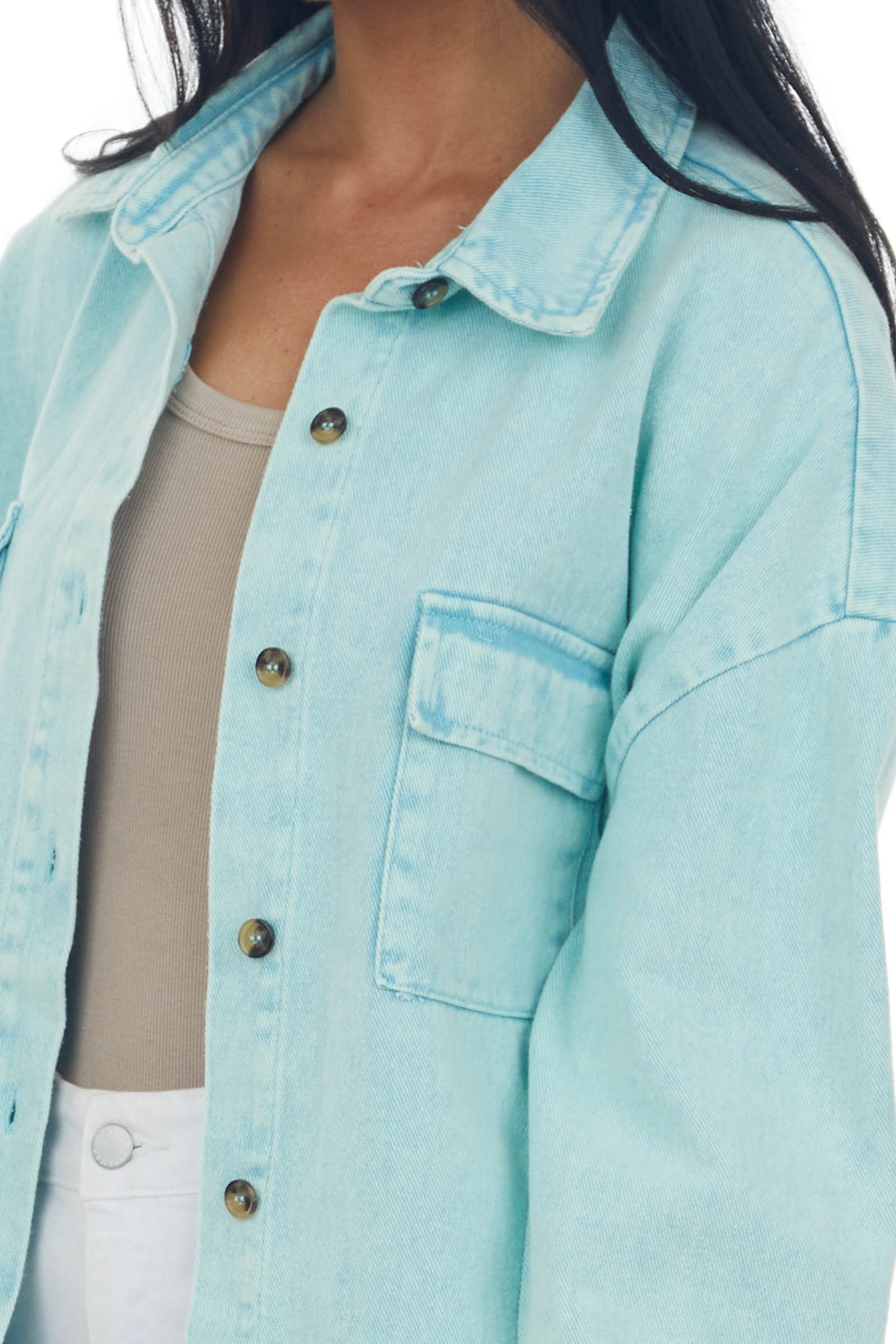 Seafoam Washed Button Up Denim Shirt Jacket