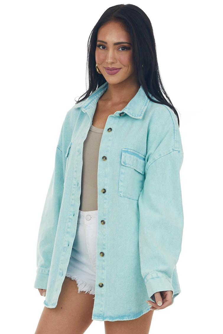 Seafoam Washed Button Up Denim Shirt Jacket