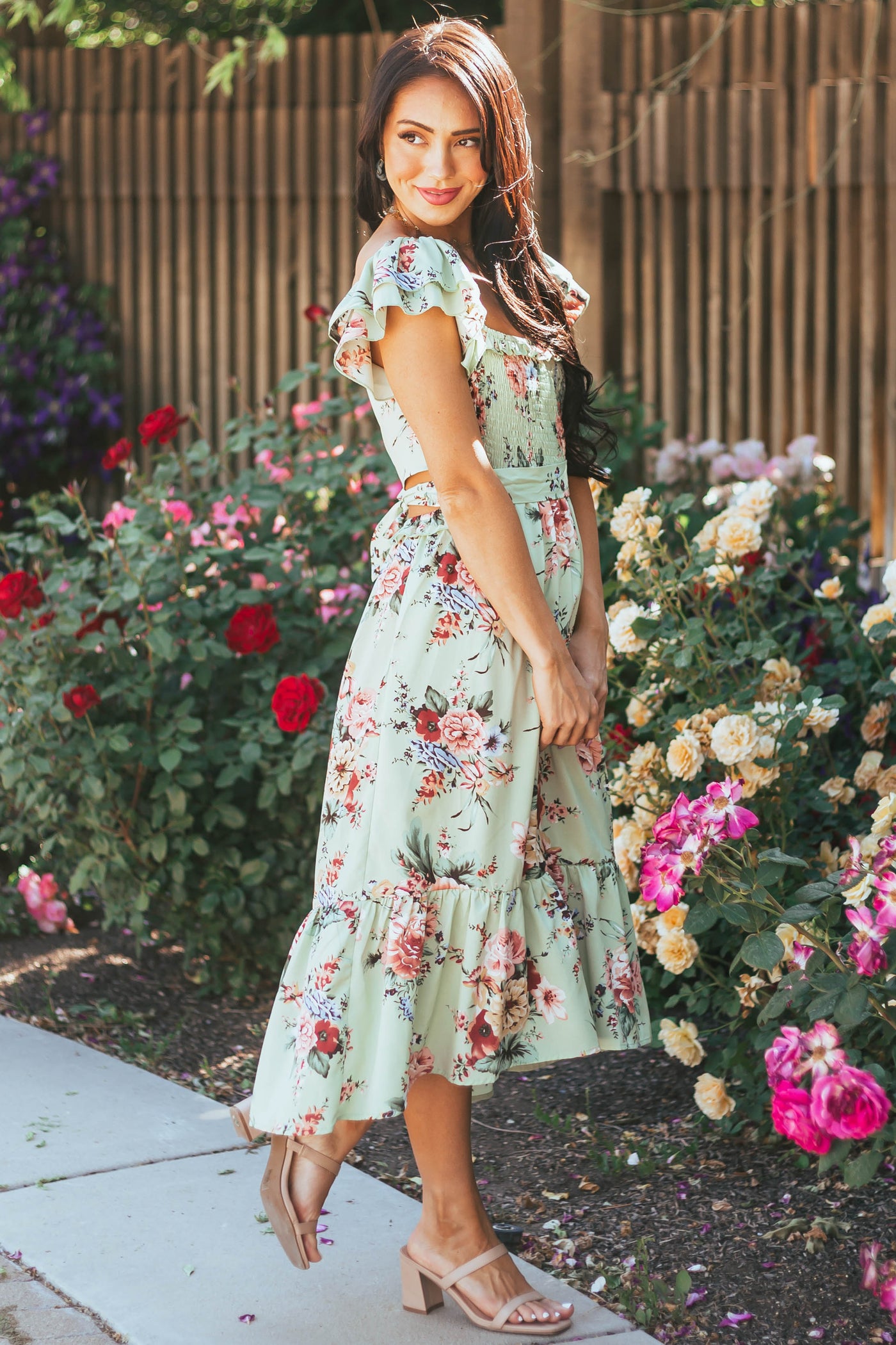 Seafoam Floral Printed Ruffle Sleeve Midi Dress