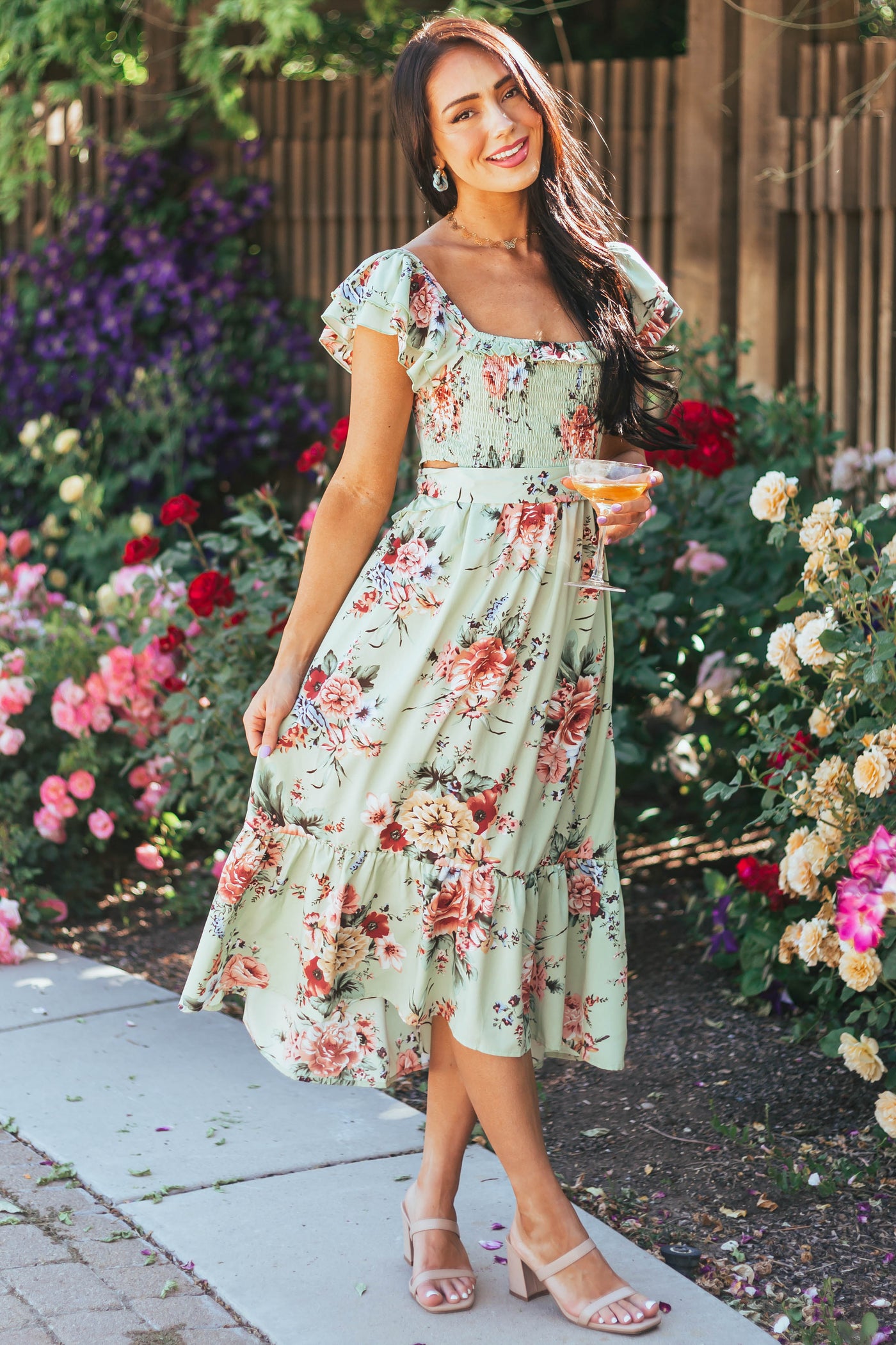 Seafoam Floral Printed Ruffle Sleeve Midi Dress