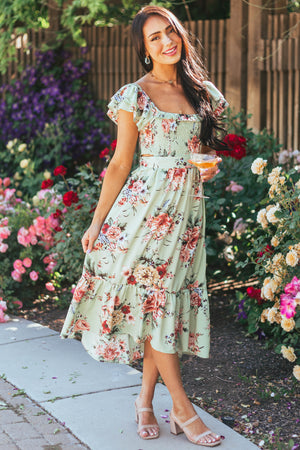Seafoam Floral Printed Ruffle Sleeve Midi Dress