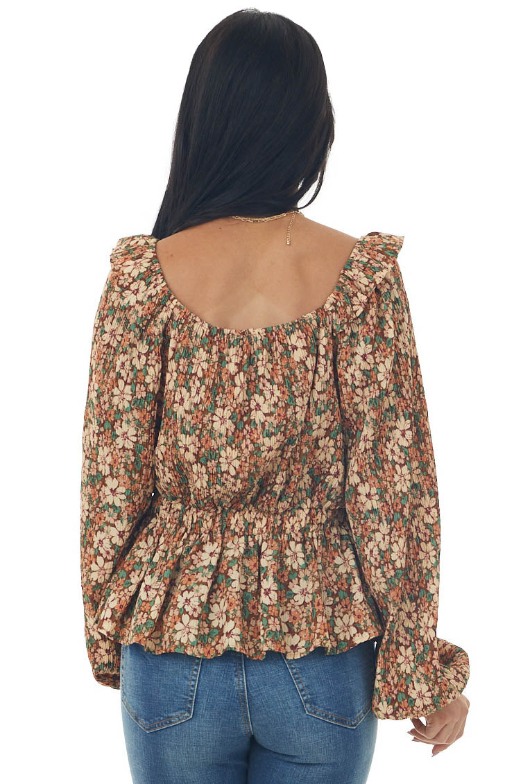 Sepia Floral Print Long Sleeve Pleated Blouse