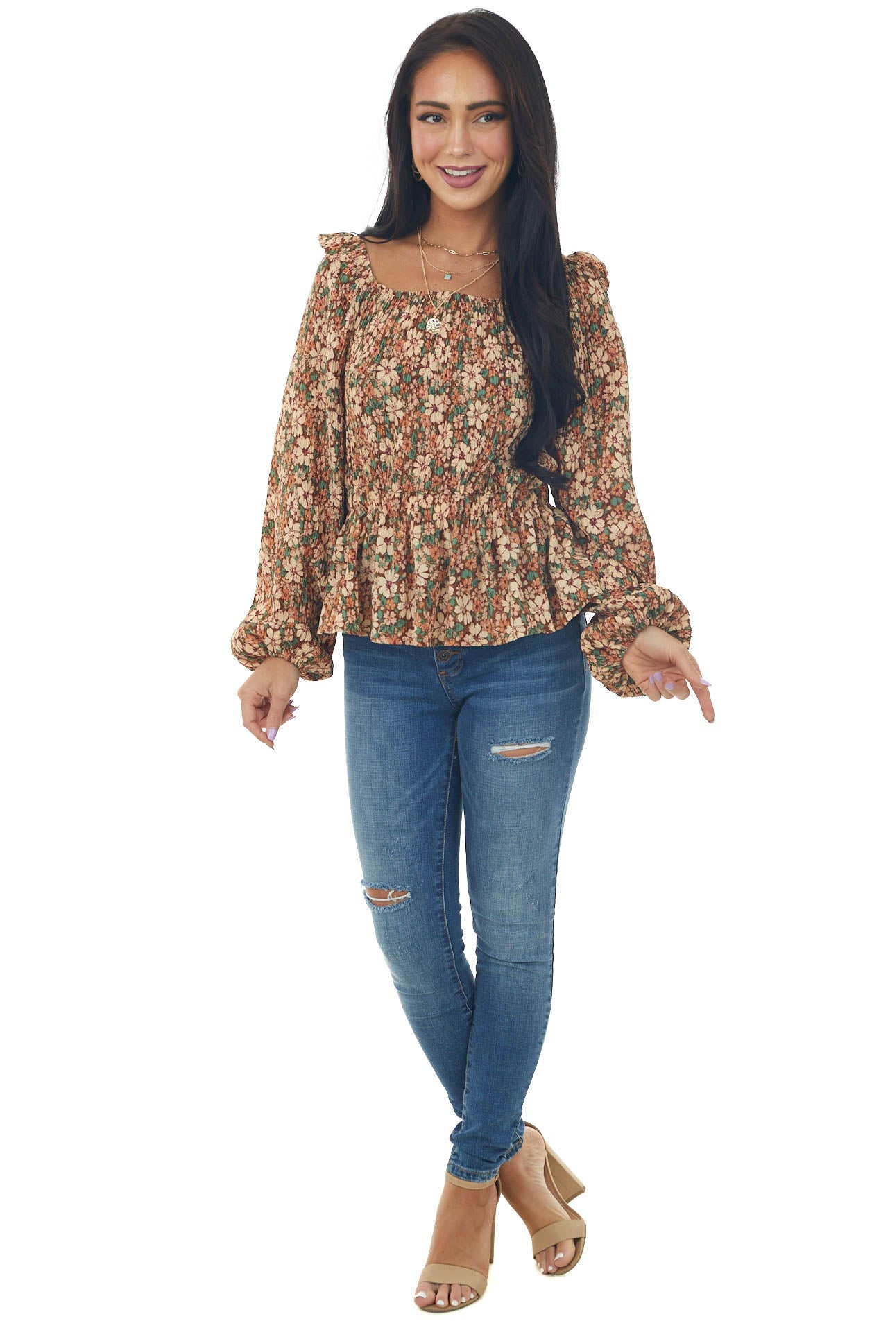 Sepia Floral Print Long Sleeve Pleated Blouse