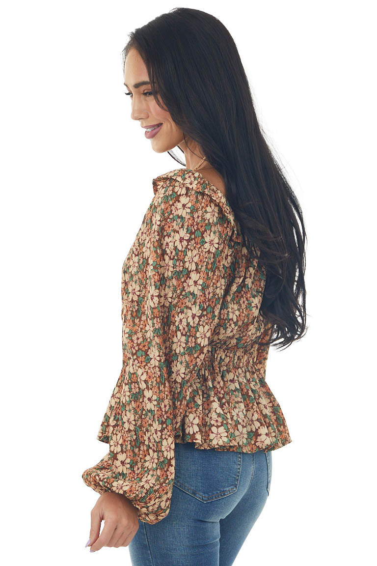 Sepia Floral Print Long Sleeve Pleated Blouse