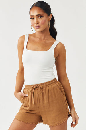 Sepia Frayed Trim Linen Drawstring Shorts