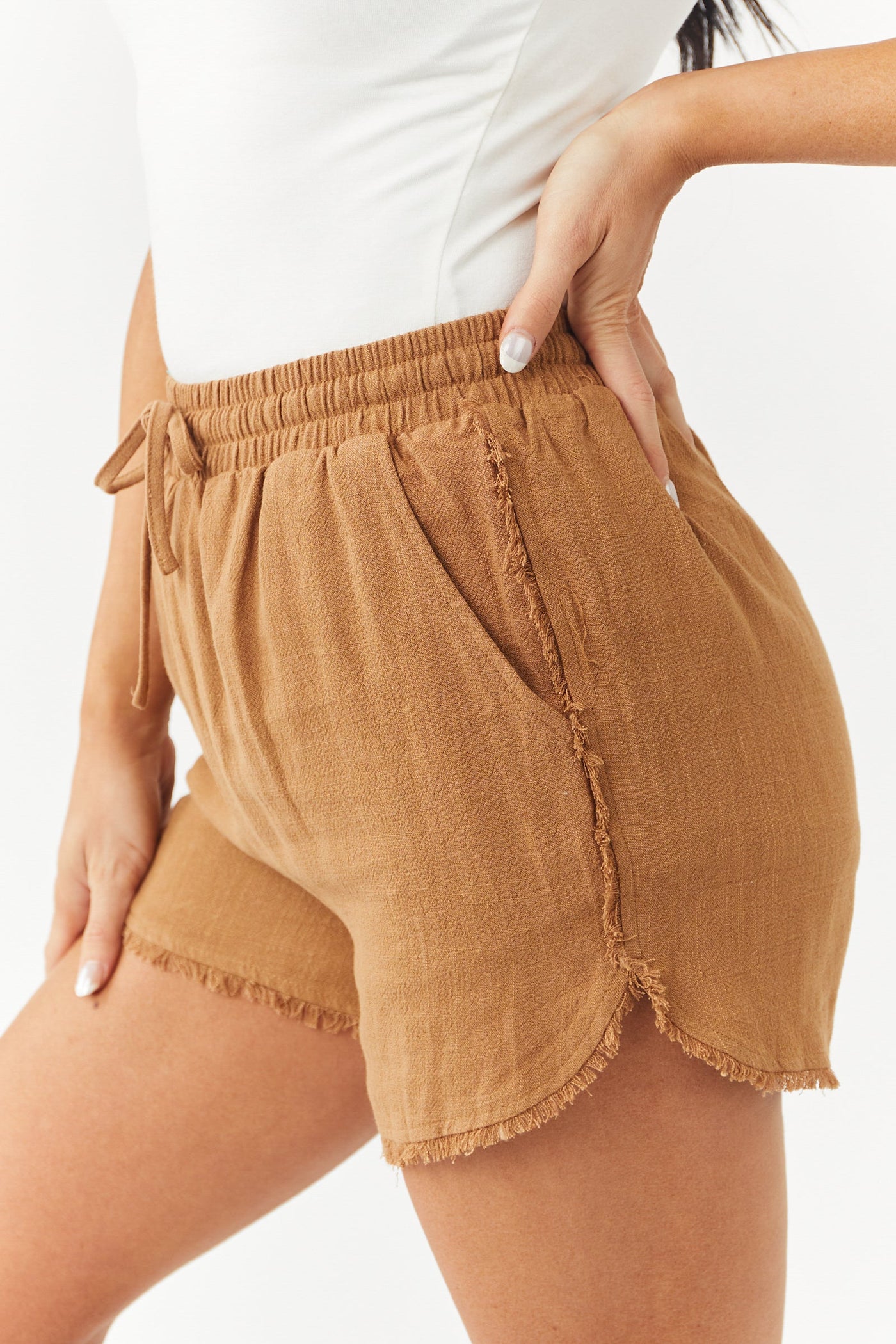 Sepia Frayed Trim Linen Drawstring Shorts