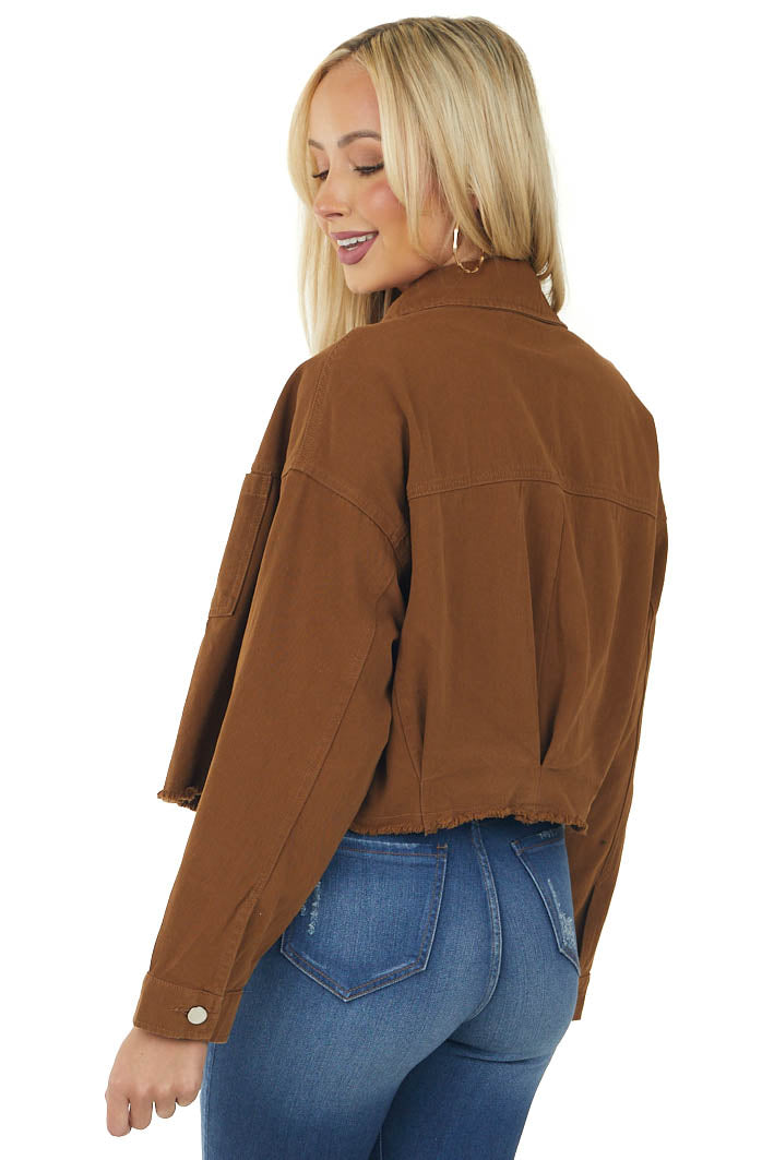 Sepia Long Sleeve Collared Cropped Denim Jacket