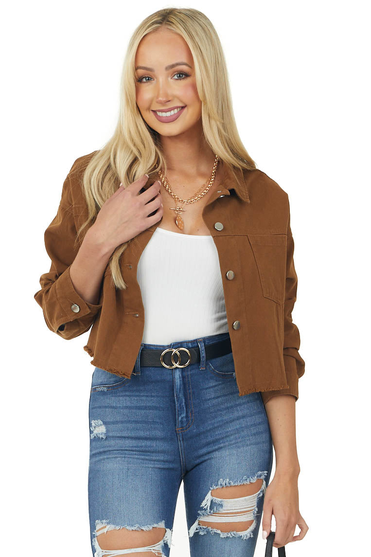 Sepia Long Sleeve Collared Cropped Denim Jacket