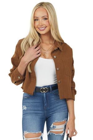 Sepia Long Sleeve Collared Cropped Denim Jacket