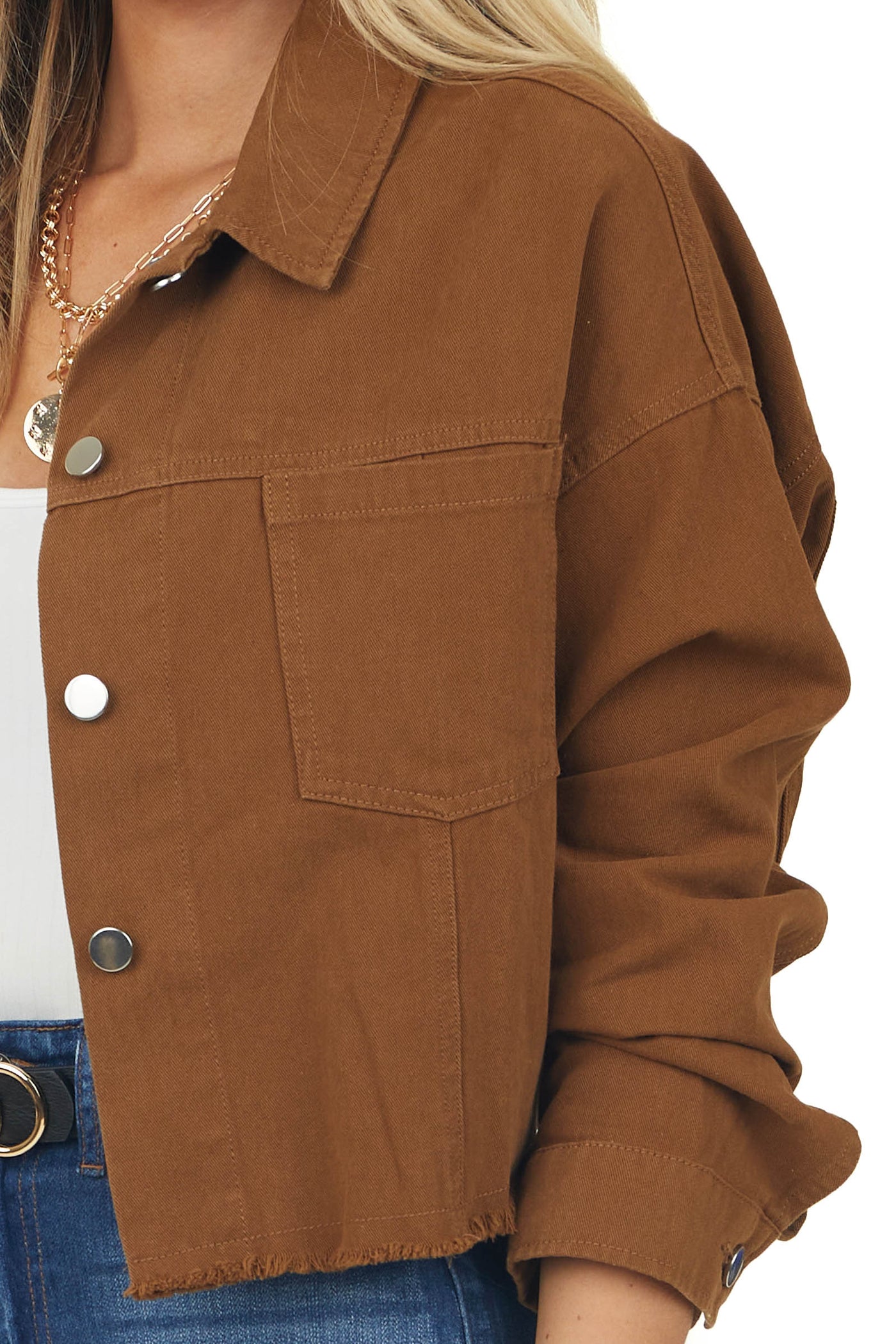 Sepia Long Sleeve Collared Cropped Denim Jacket