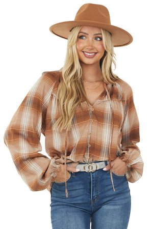 Sepia Plaid Button Up Collard Neck Tie Blouse