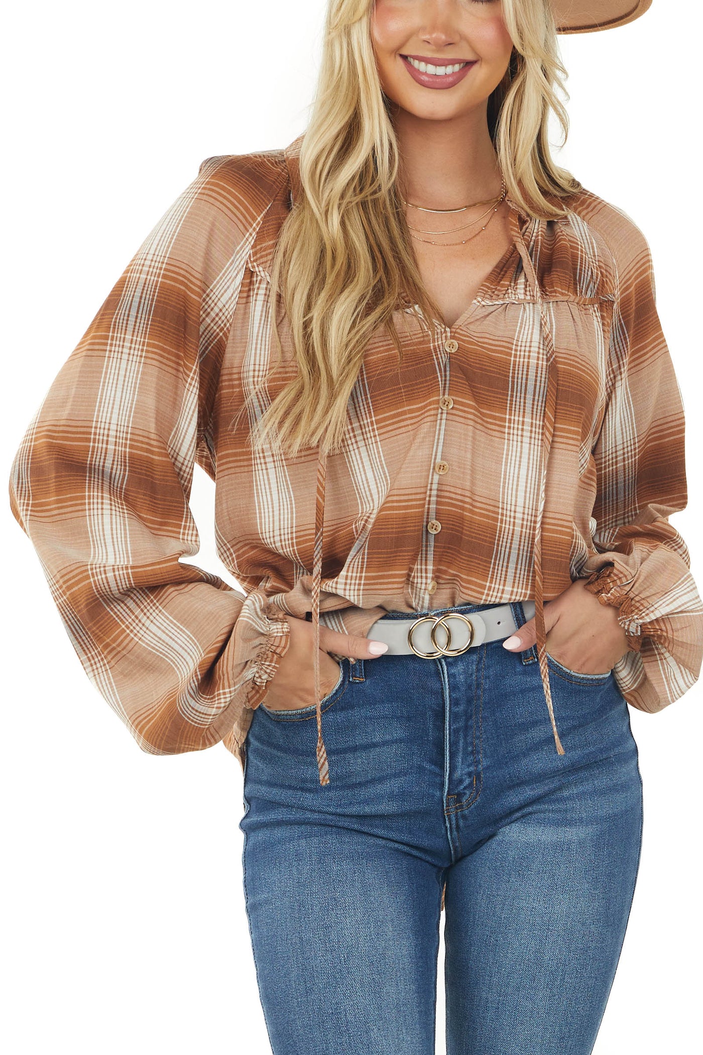 Sepia Plaid Button Up Collard Neck Tie Blouse