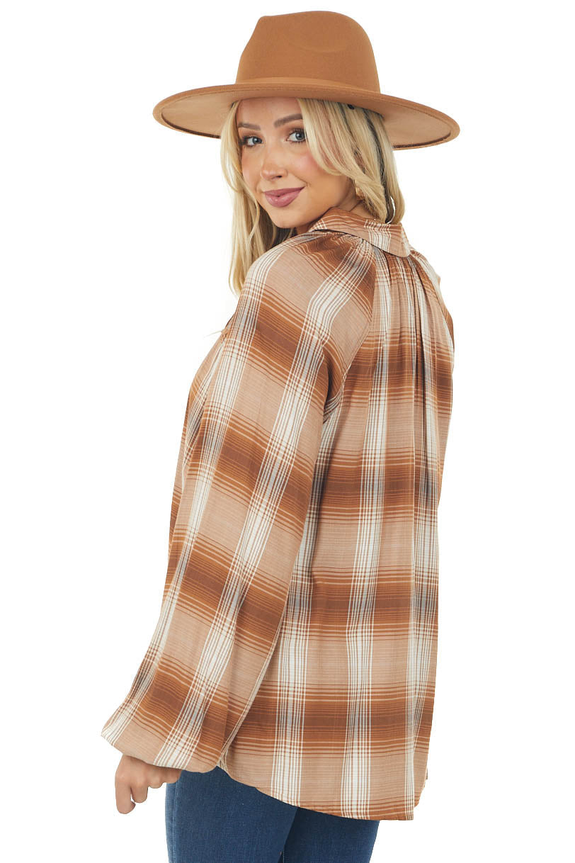 Sepia Plaid Button Up Collard Neck Tie Blouse