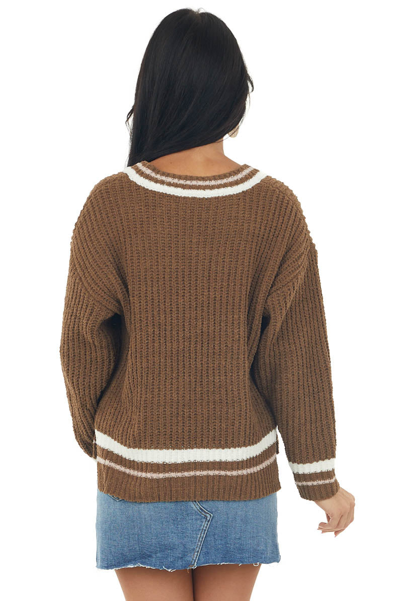 Sepia Stripe Trim Long Sleeve Knit Sweater