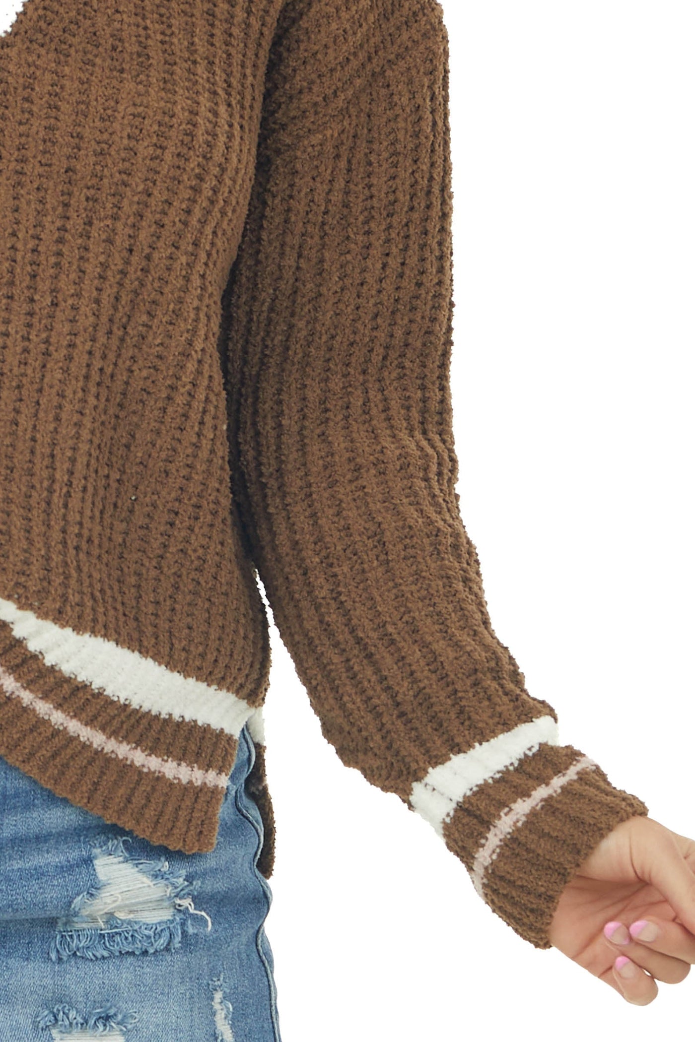 Sepia Stripe Trim Long Sleeve Knit Sweater