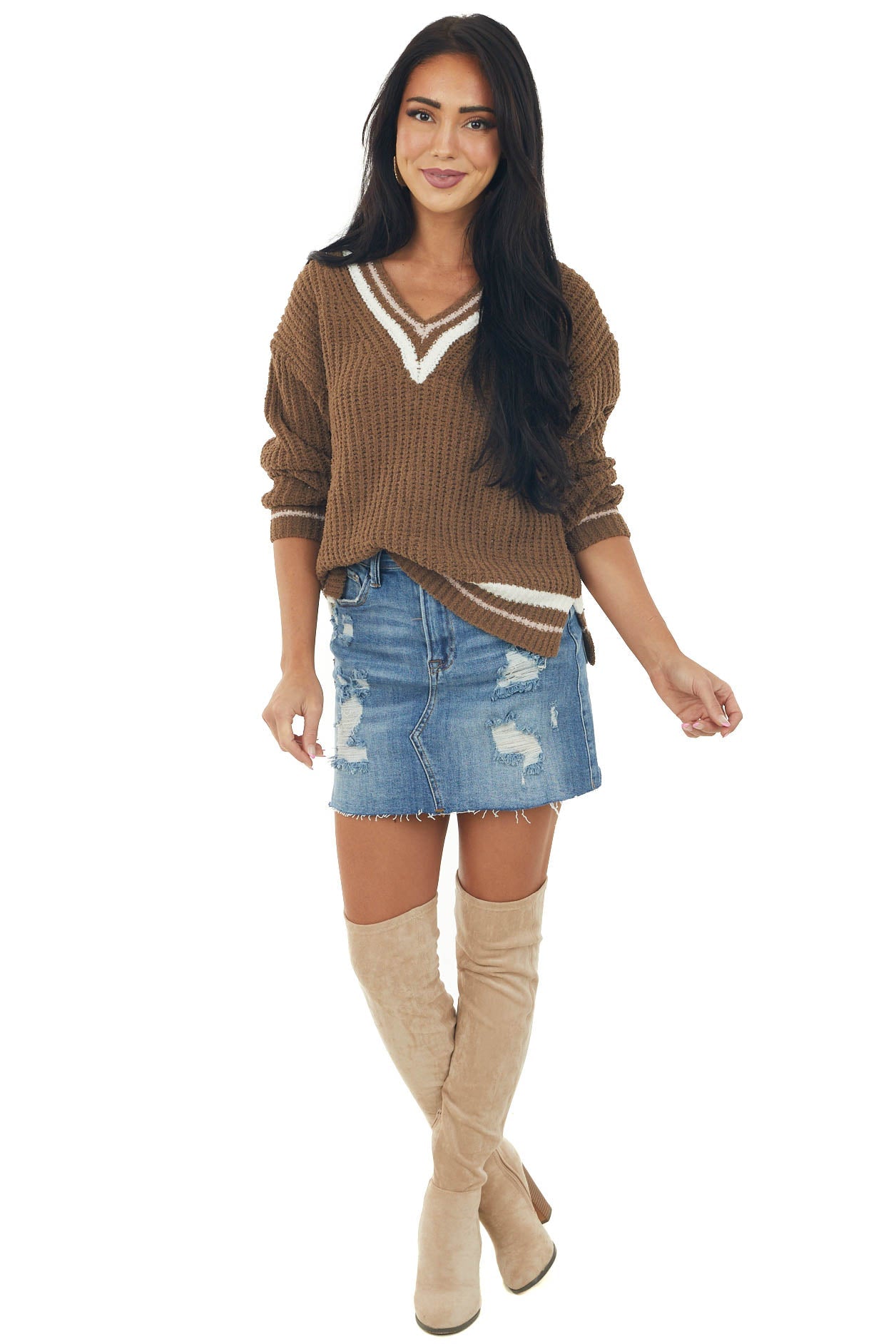 Sepia Stripe Trim Long Sleeve Knit Sweater