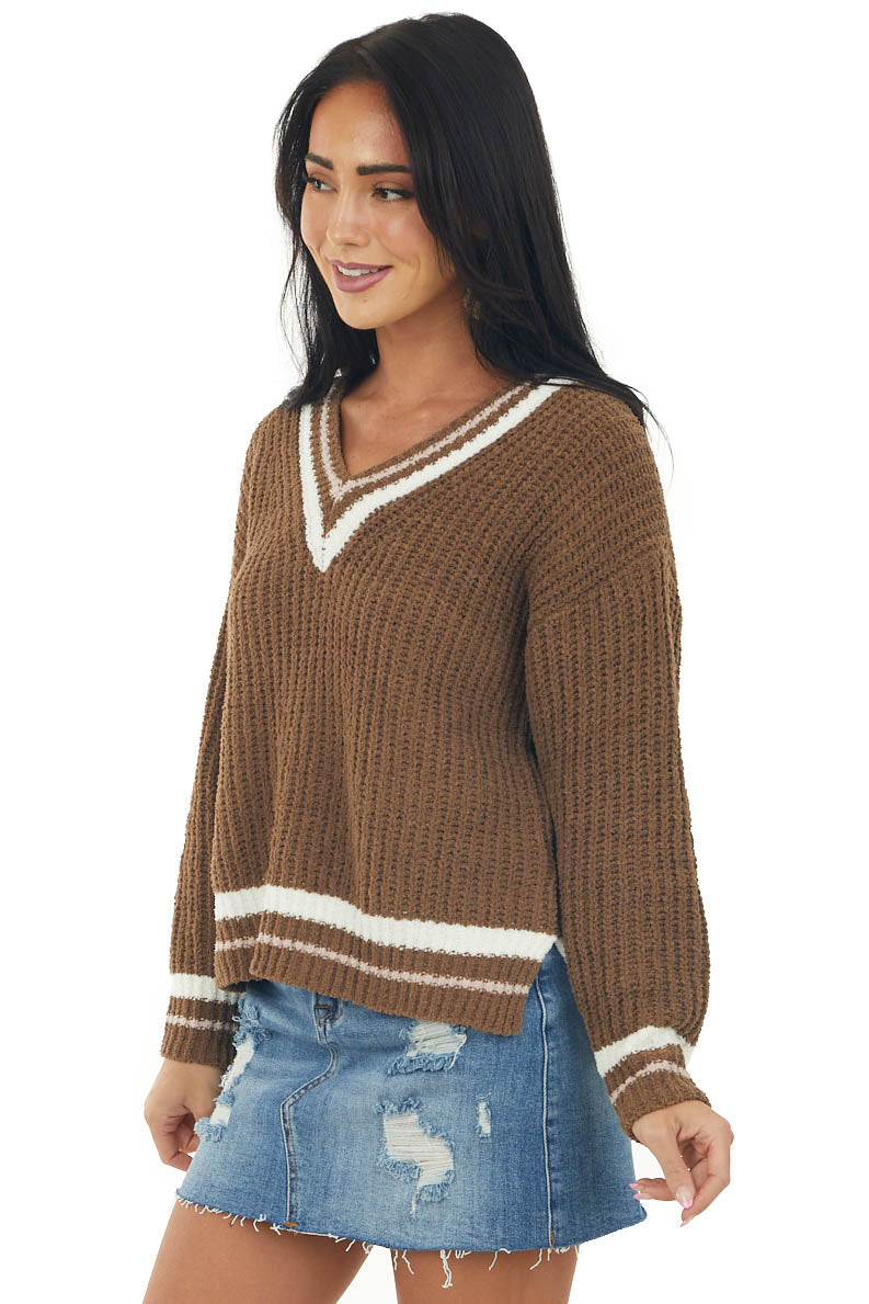 Sepia Stripe Trim Long Sleeve Knit Sweater