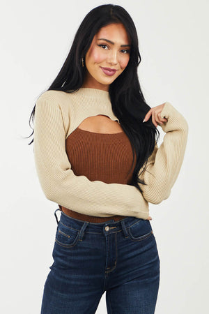 Sepia and Camel Colorblock Front Cut Out Sweater