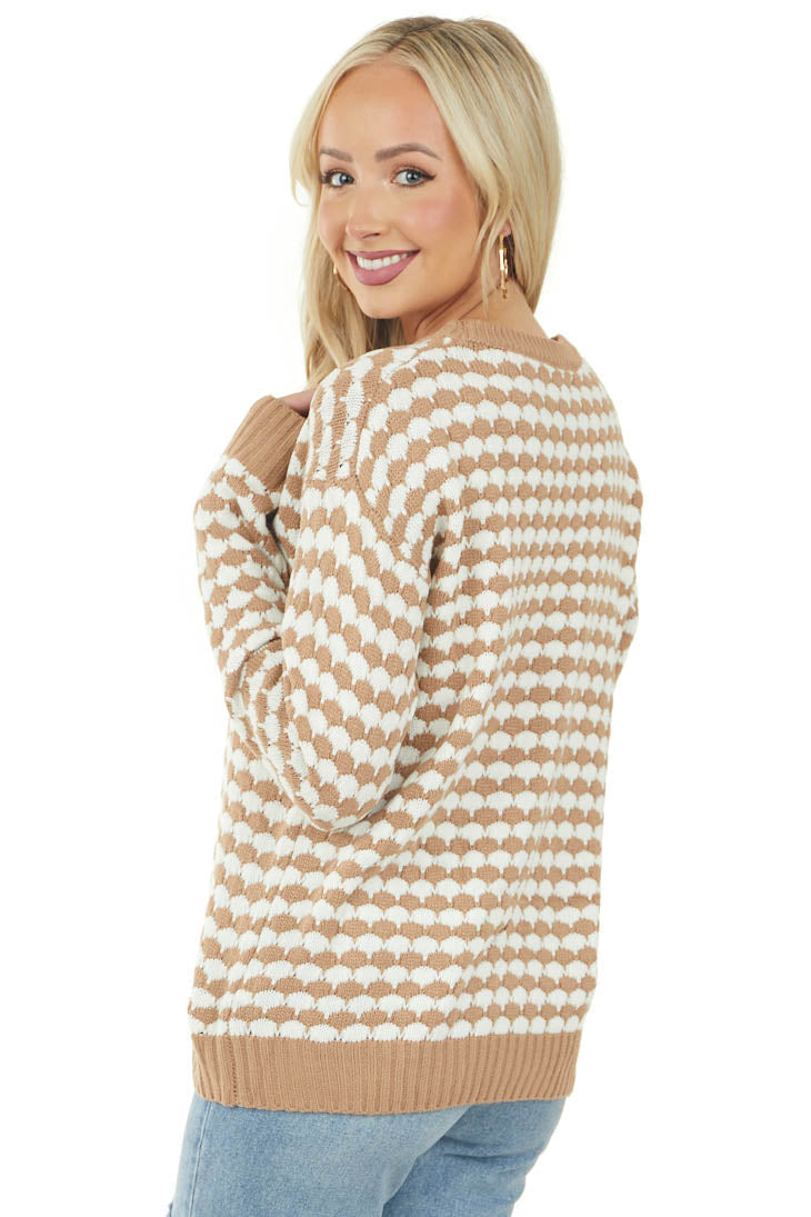 Sepia and Ivory Printed Textured Knit Sweater