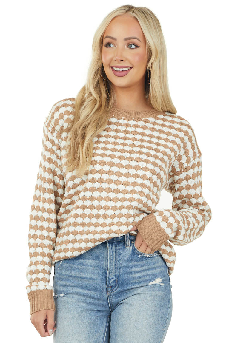Sepia and Ivory Printed Textured Knit Sweater