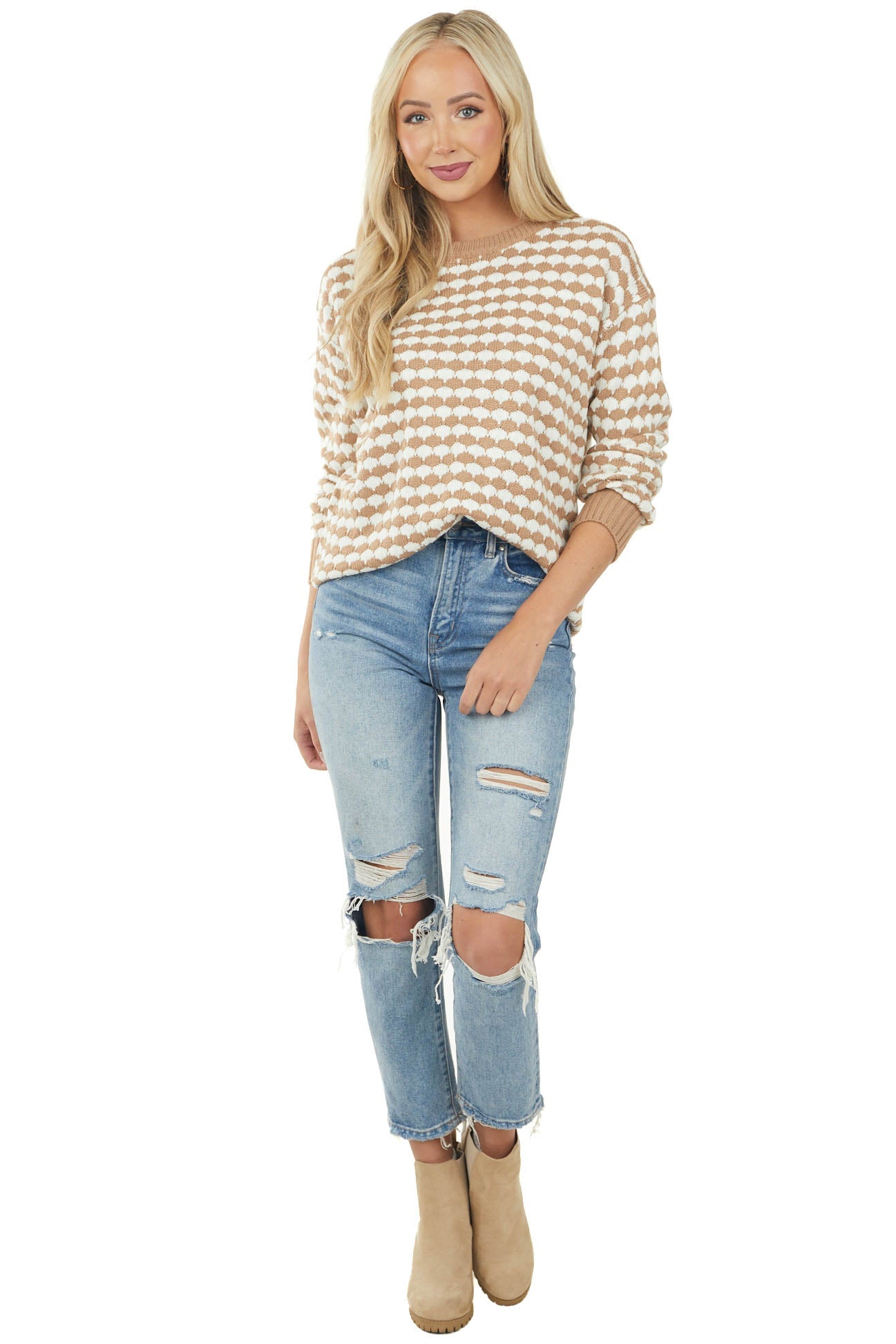 Sepia and Ivory Printed Textured Knit Sweater