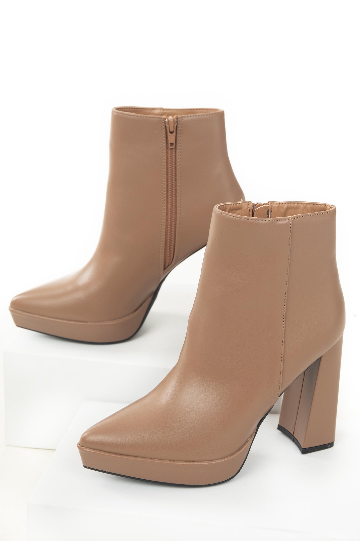 Sepia Faux Leather Flared Heel Pointed Toe Bootie