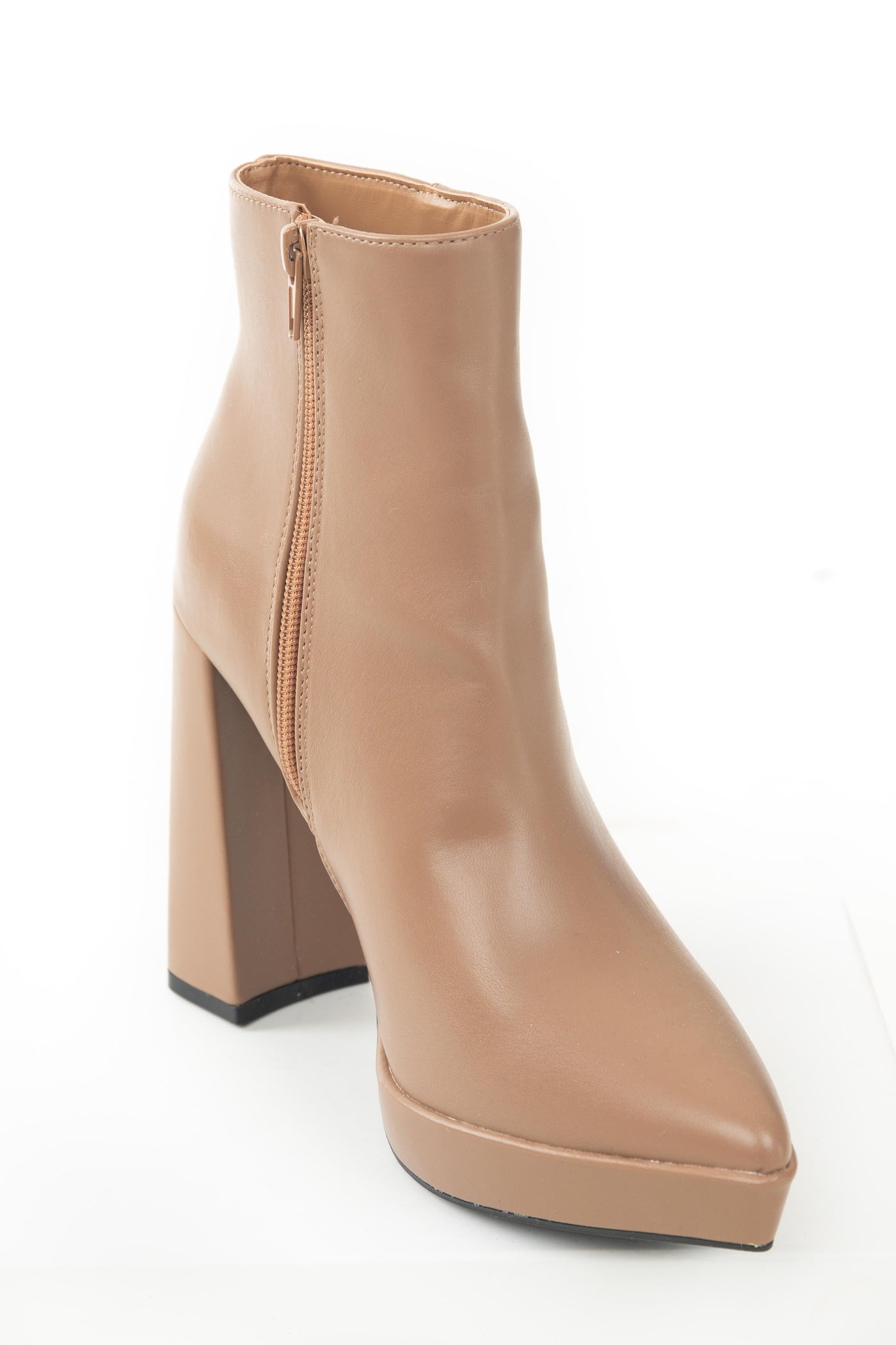 Sepia Faux Leather Flared Heel Pointed Toe Bootie