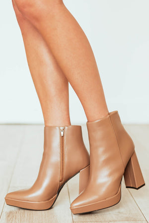 Sepia Faux Leather Flared Heel Pointed Toe Bootie