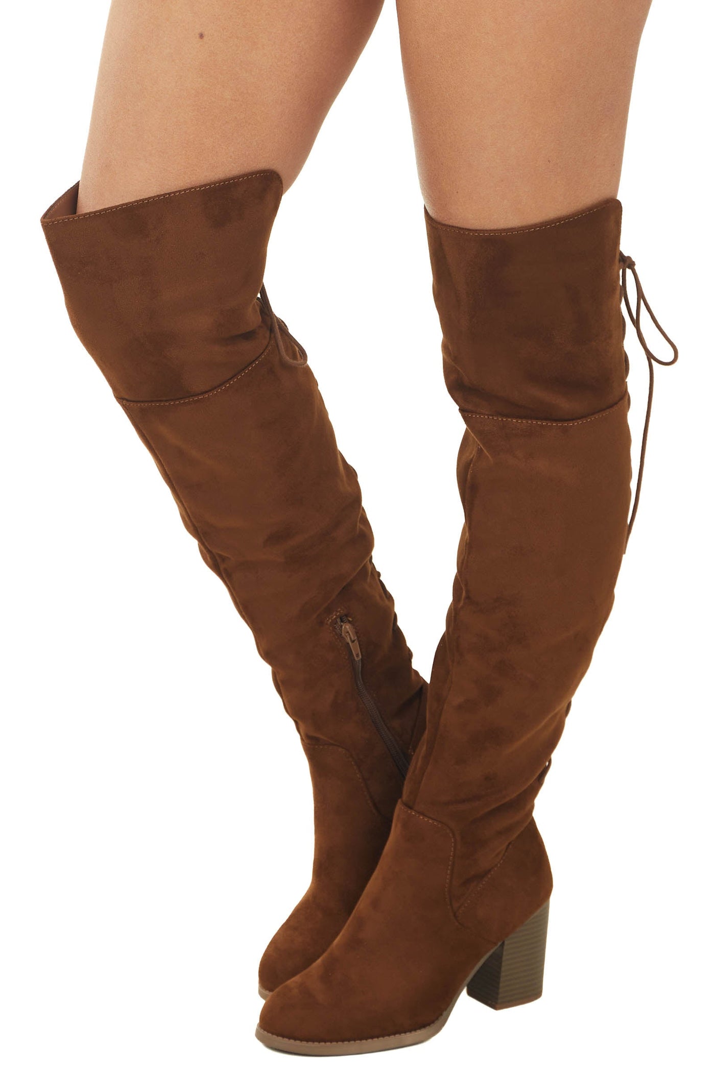 Sepia Faux Suede Lace Up Back Block Heel Boots