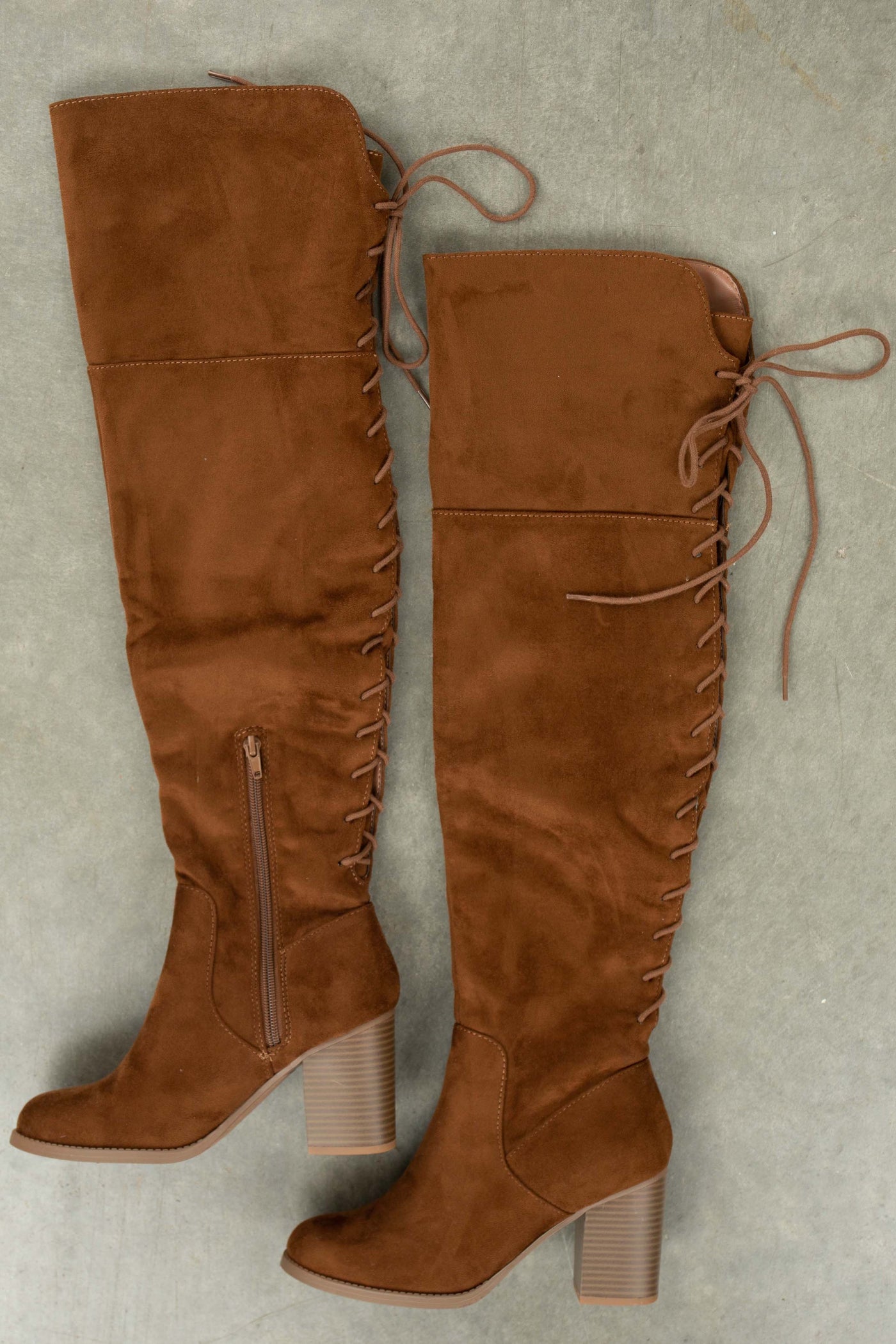 Sepia Faux Suede Lace Up Back Block Heel Boots