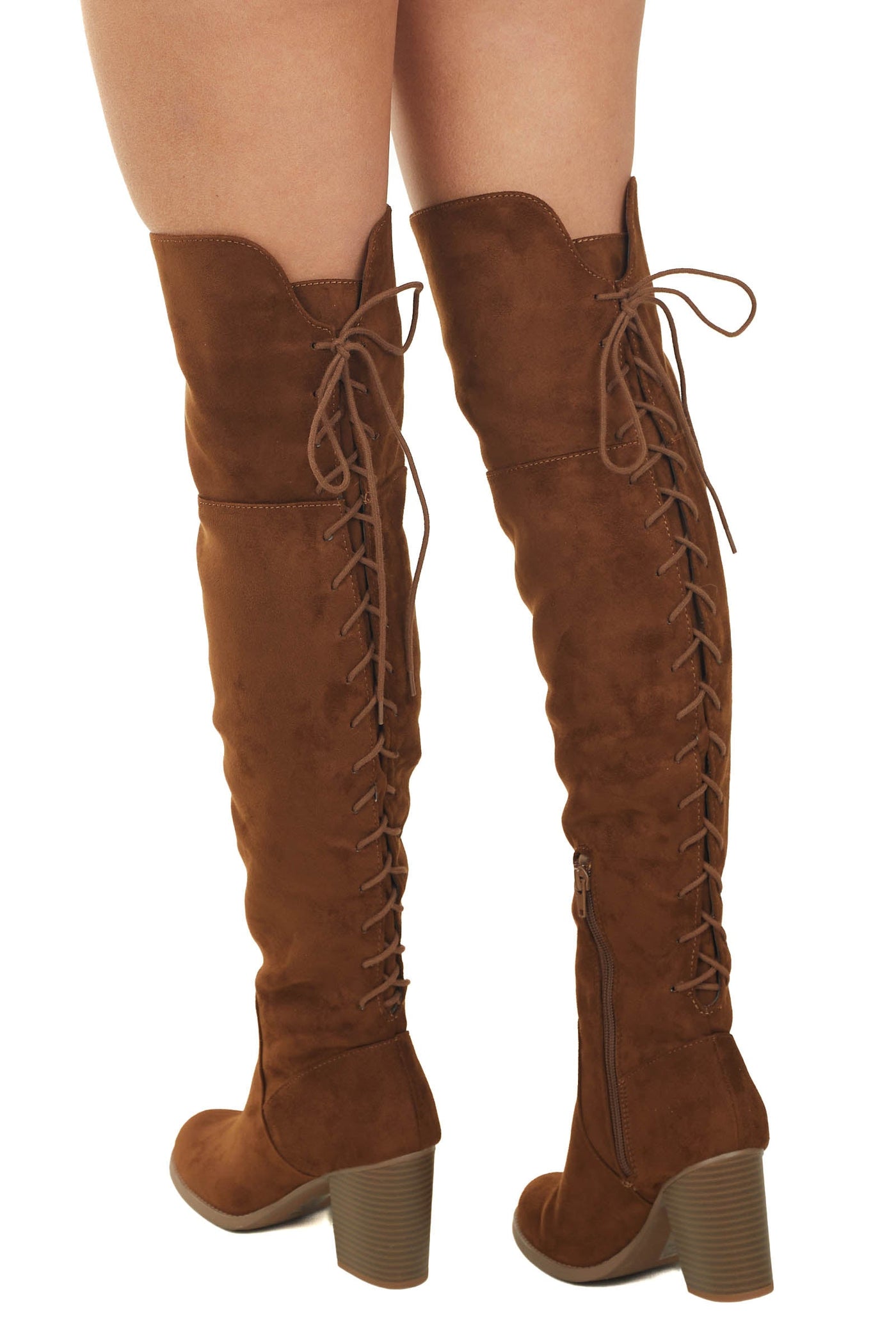 Sepia Faux Suede Lace Up Back Block Heel Boots