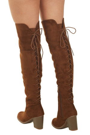 Sepia Faux Suede Lace Up Back Block Heel Boots