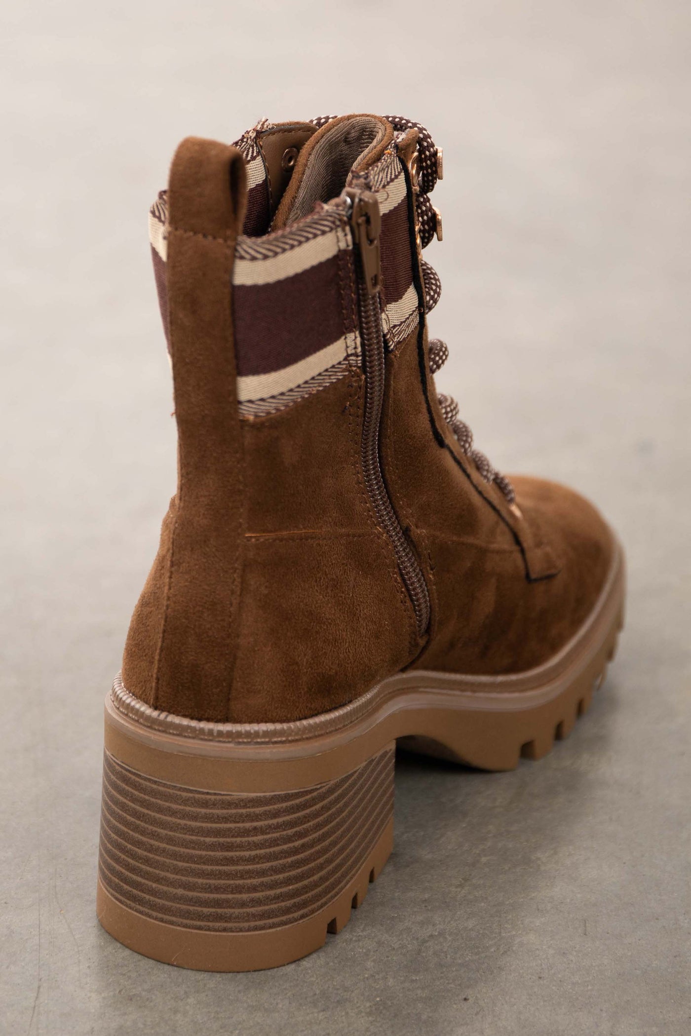 Sepia Faux Suede Lace Up Lug Sole Booties