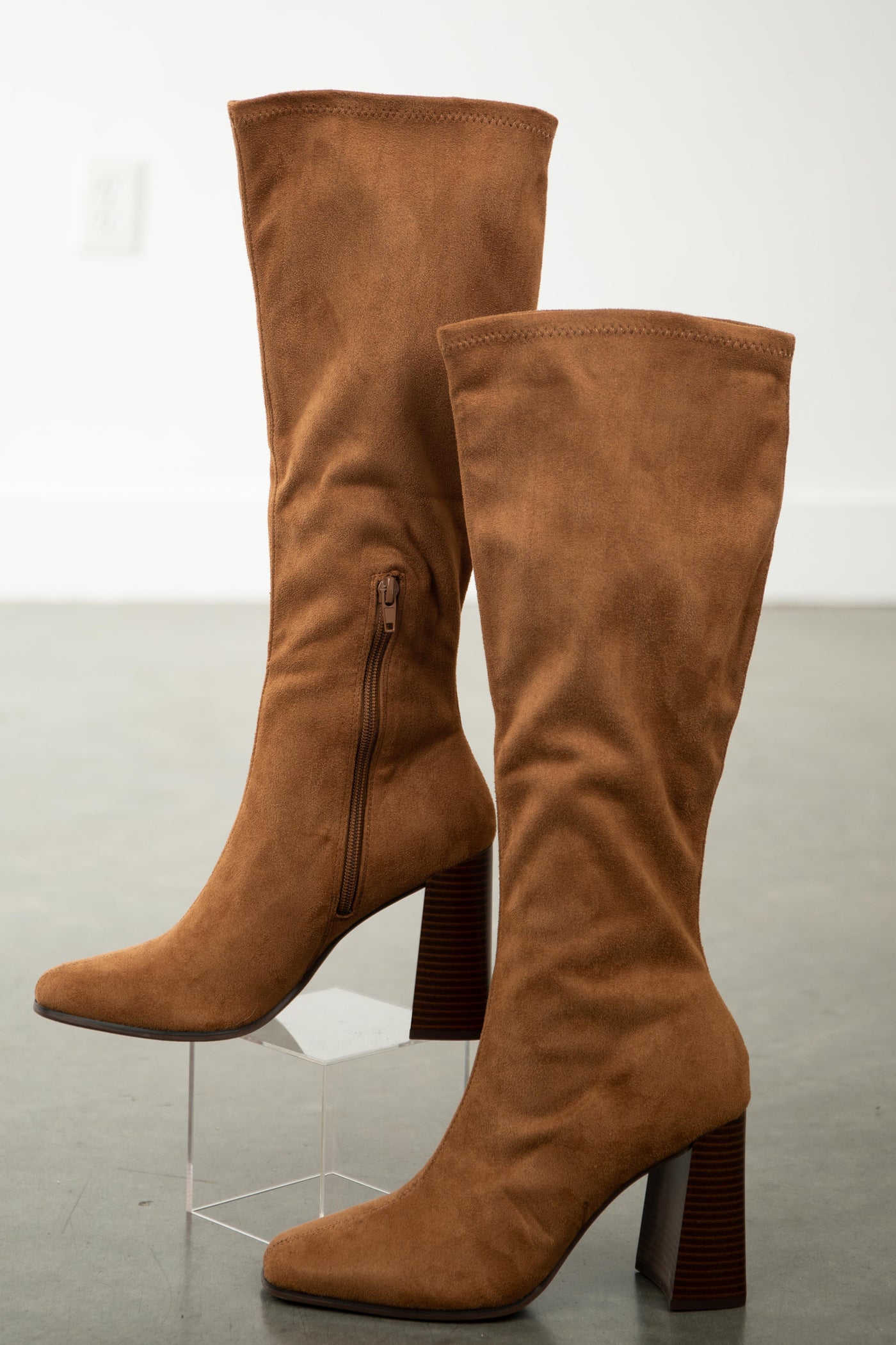 Sepia Faux Suede Square Toe Knee High Boots
