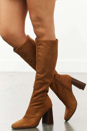 Sepia Faux Suede Square Toe Knee High Boots