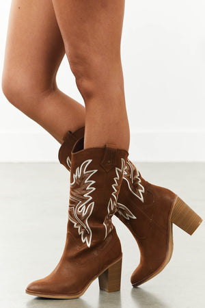Sepia Nubuck Embroidered Western Style Boots