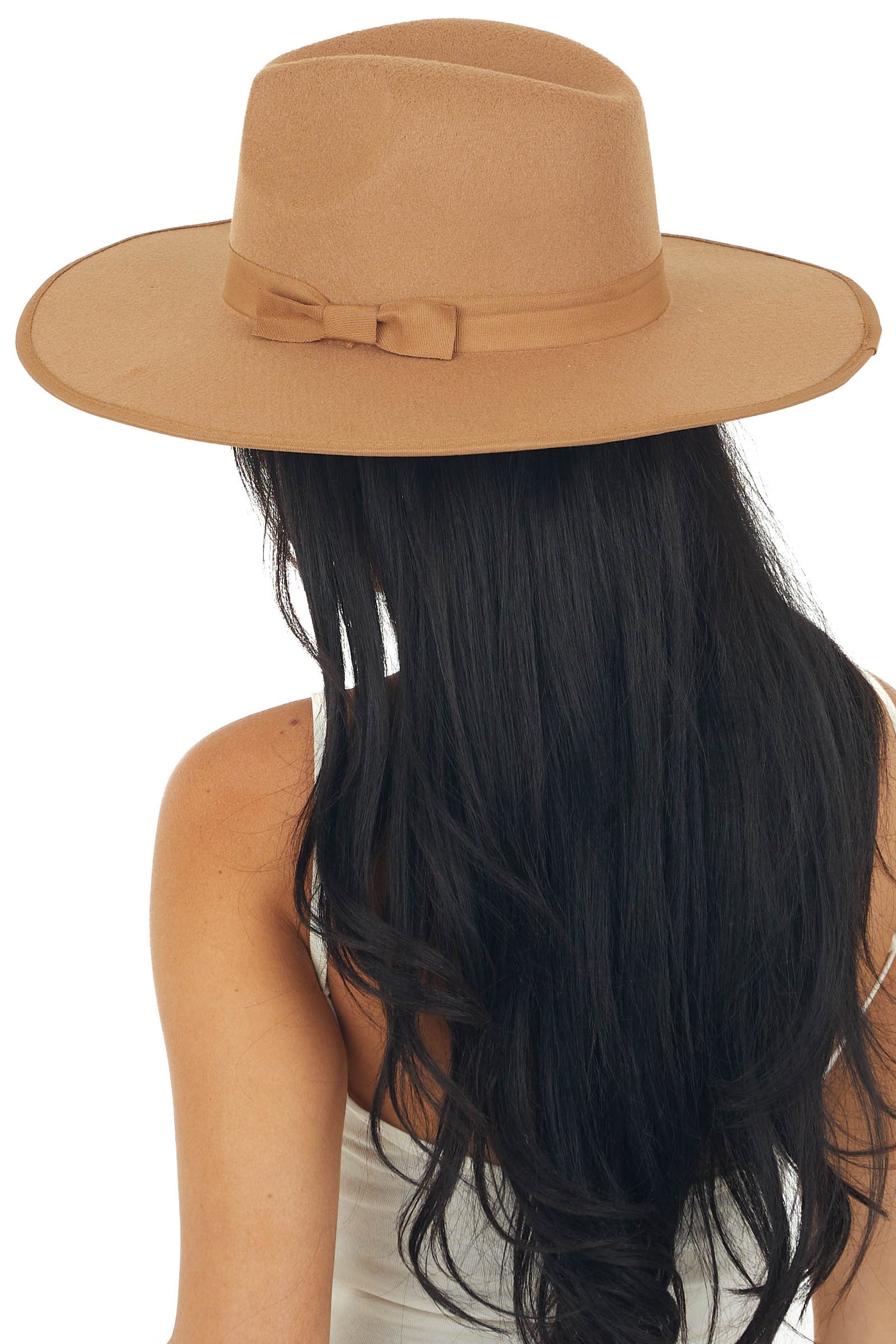 Sepia Ribbon and Bow Flat Brim Felt Hat