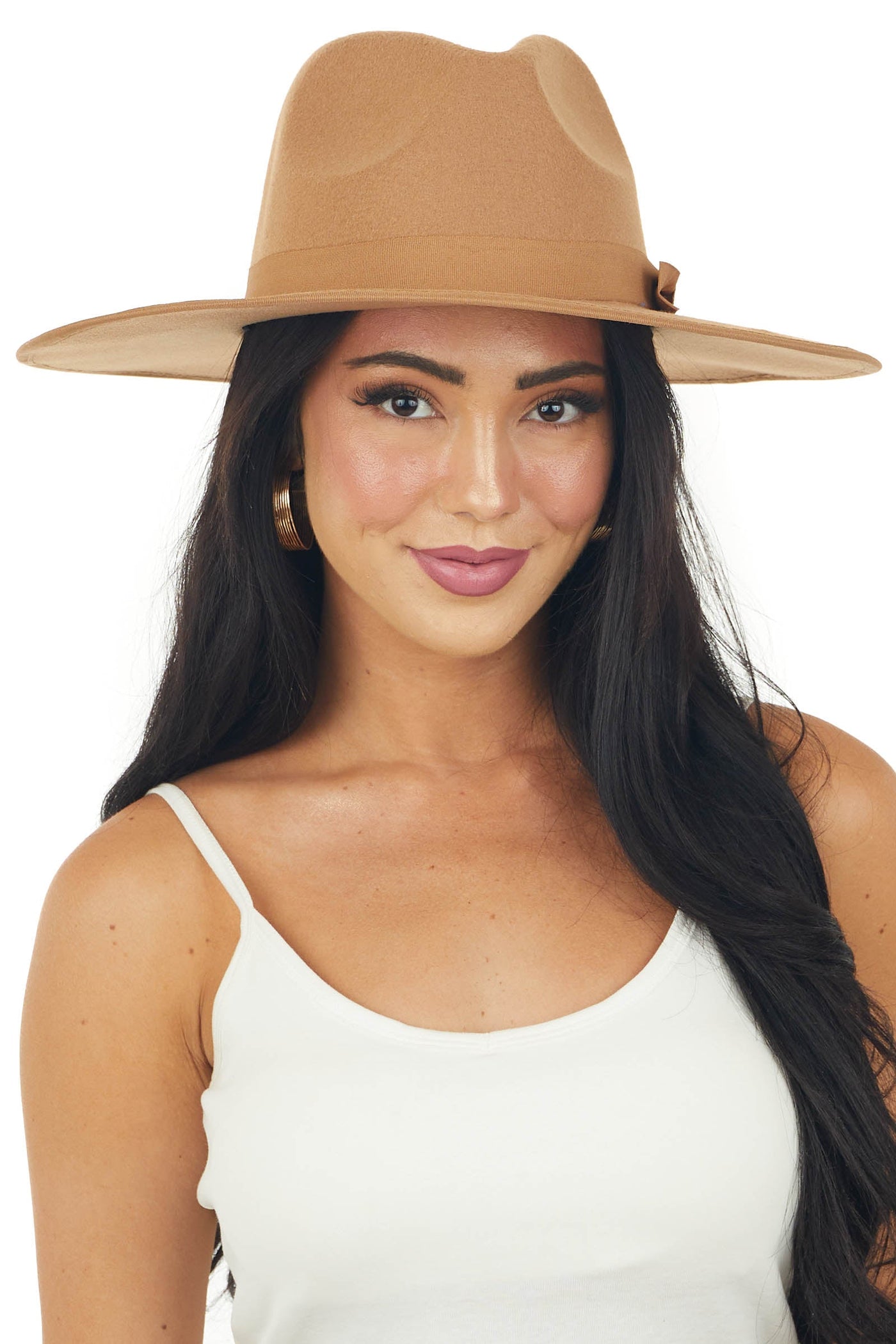 Sepia Ribbon and Bow Flat Brim Felt Hat