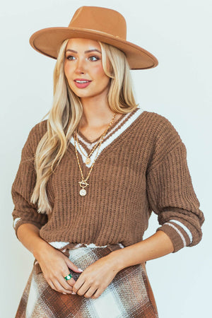 Sepia Stripe Trim Long Sleeve Knit Sweater