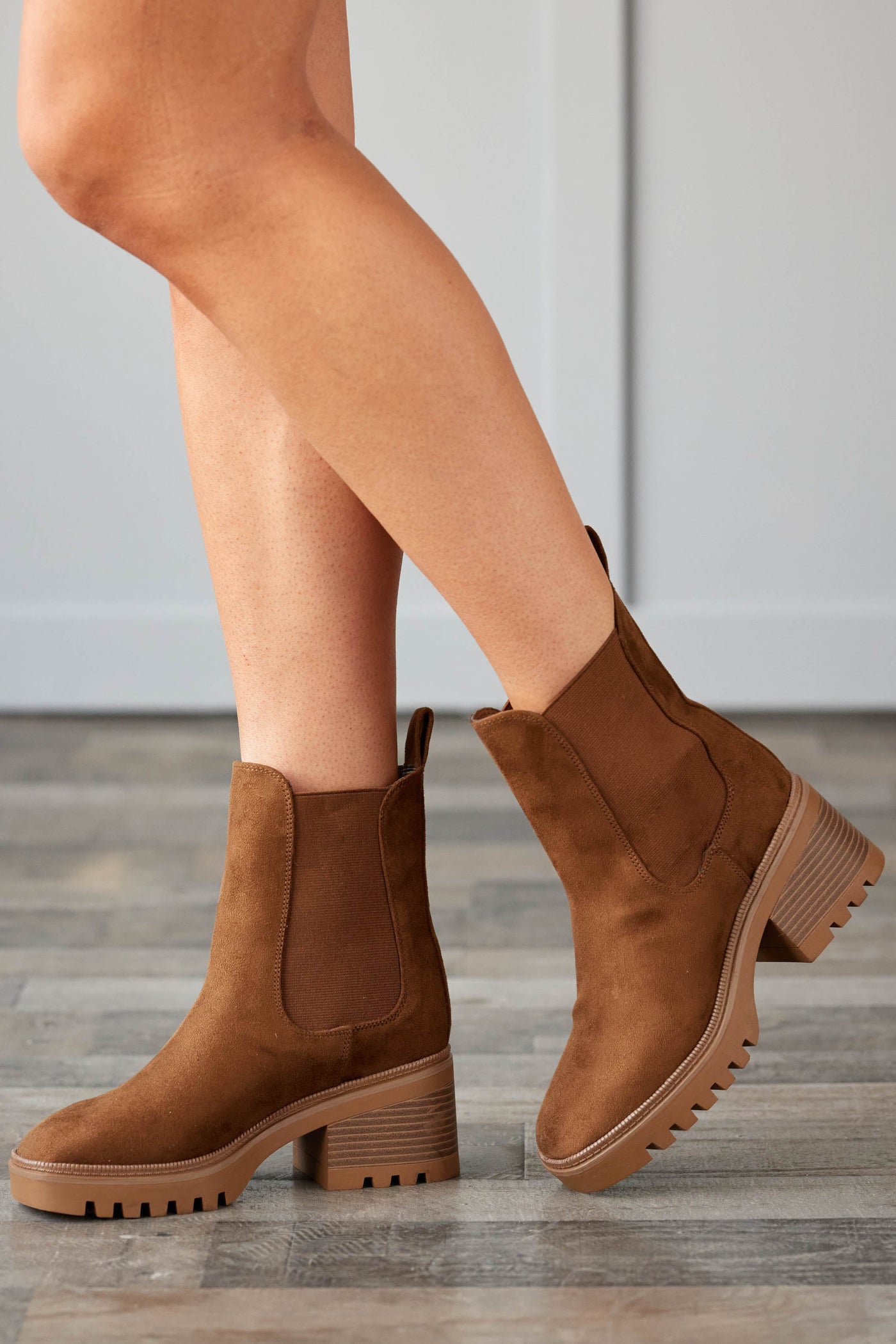Sepia Suede High Top Elastic Panel Lug Booties