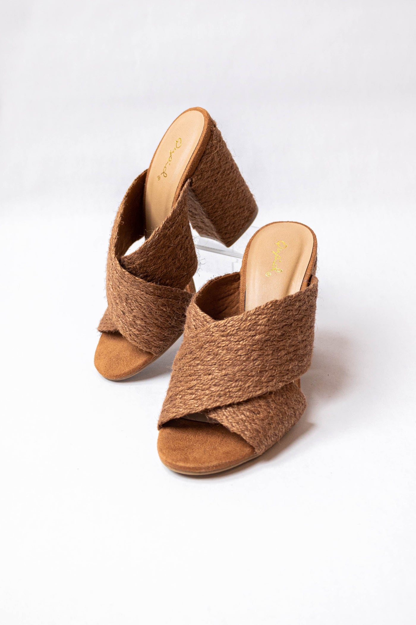 Sepia Woven Jute Criss Cross Slip On Heels
