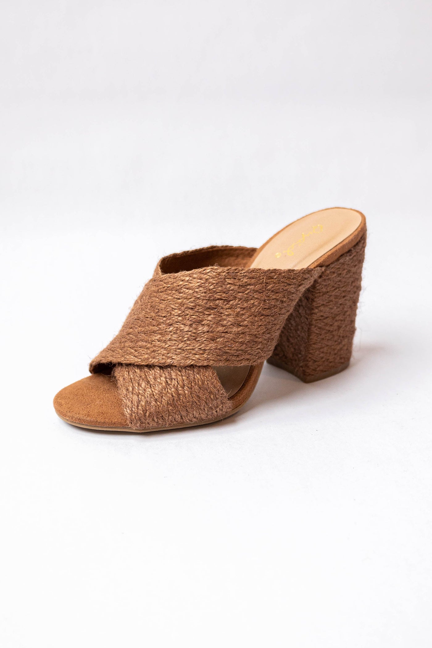 Sepia Woven Jute Criss Cross Slip On Heels